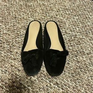 TORY BURCH black suede slides on the loose!! Retired designed!. Size 10